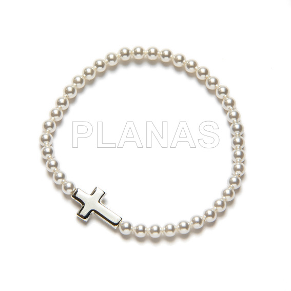 Pulsera elastica en Plata y Perlas de Cristal Austríaco de alta calidad.