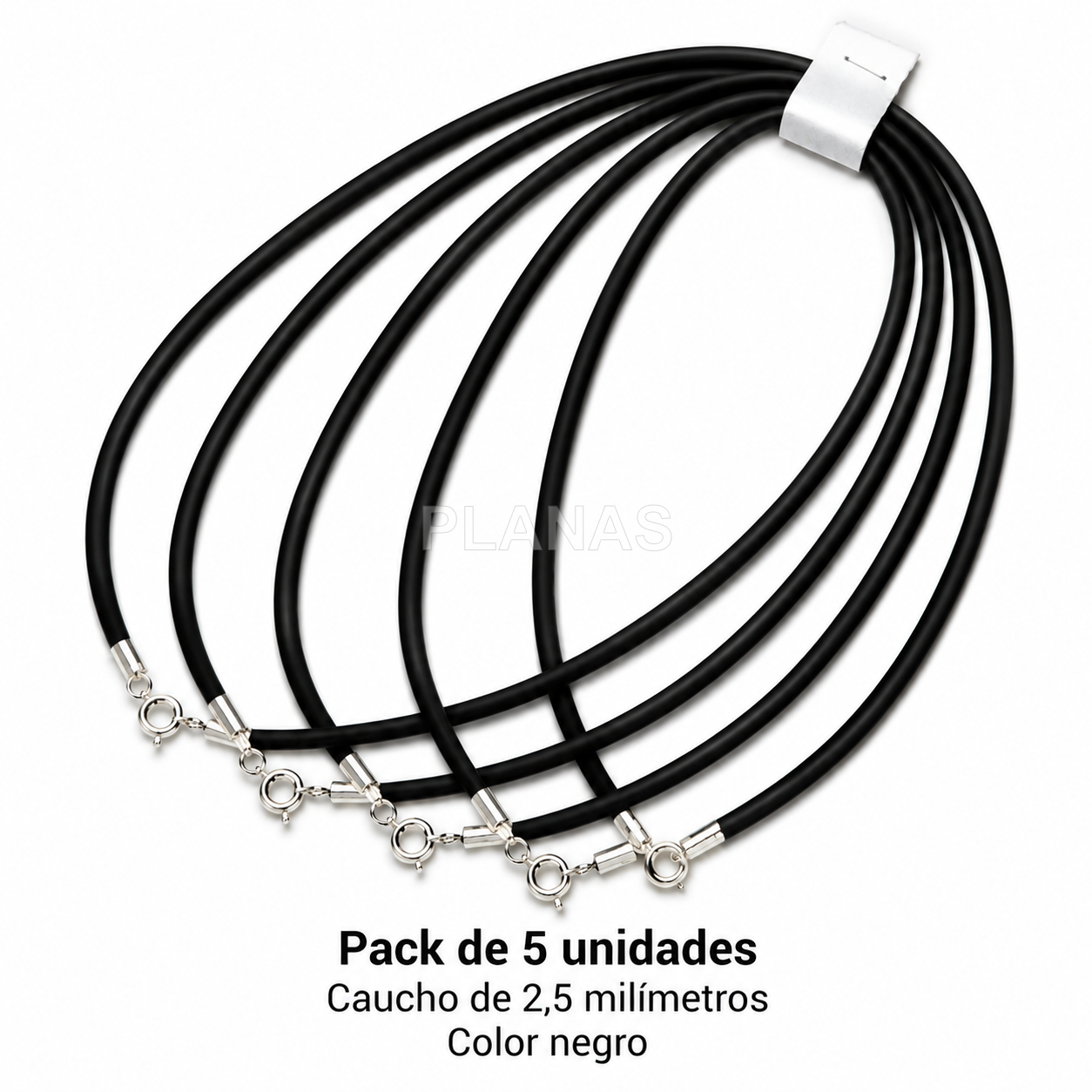 Pack de 5 unidades  Gargantillas de caucho 2,5mm y plata de ley. Color Negro. Diferentes medidas.