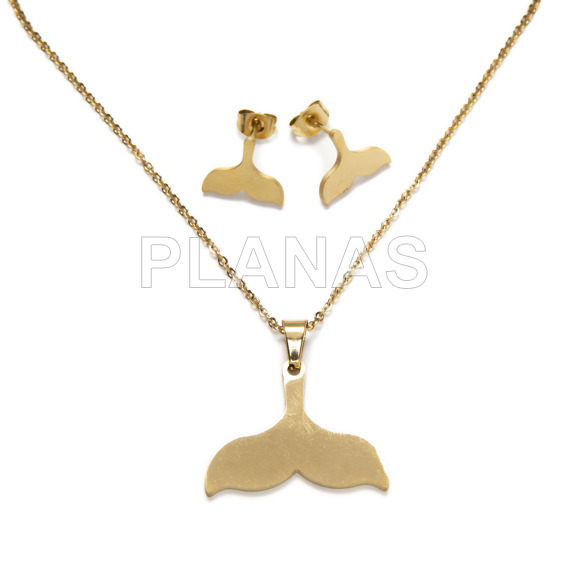 Conjunto de Joyeria en Acero Inoxidable y baño oro.COLA DE BALLENA.