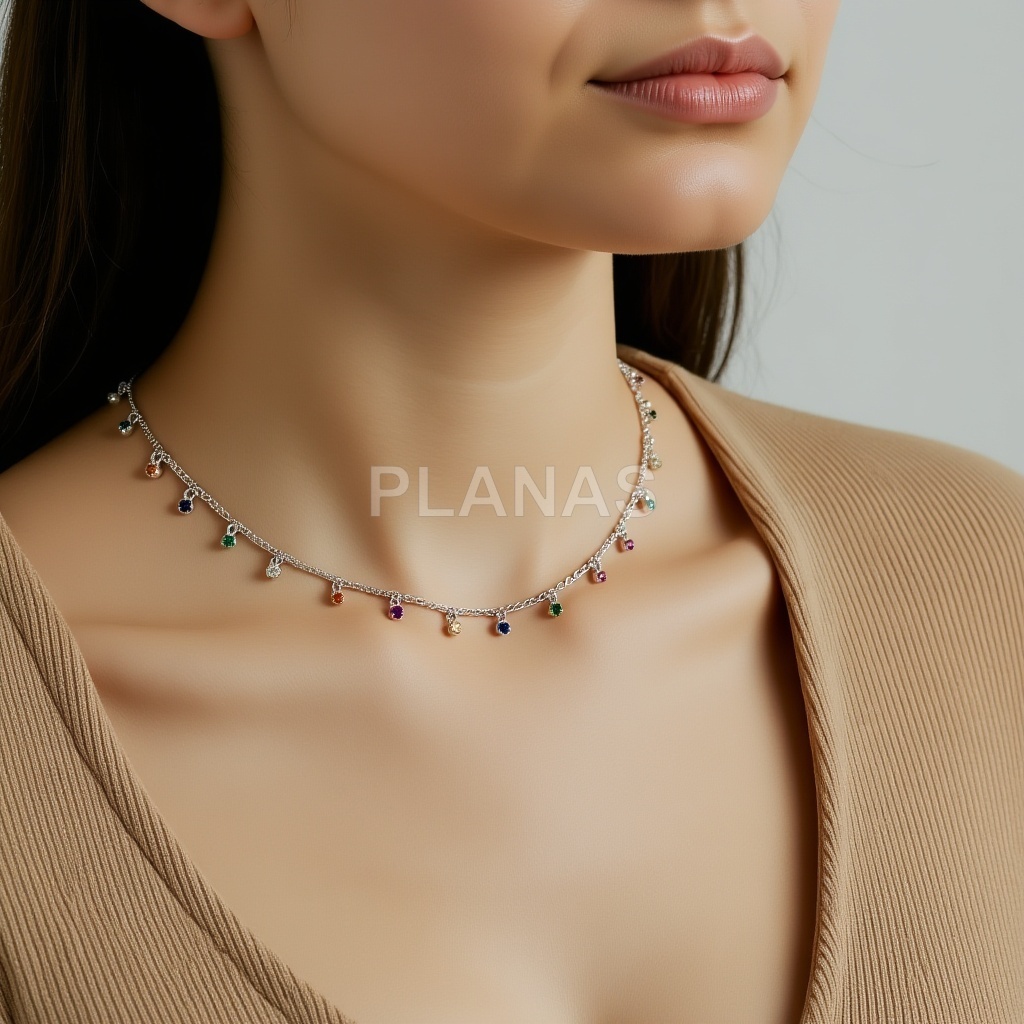 Collar o Choquer en Plata de Ley Rodiada y Circonitas de colores. 