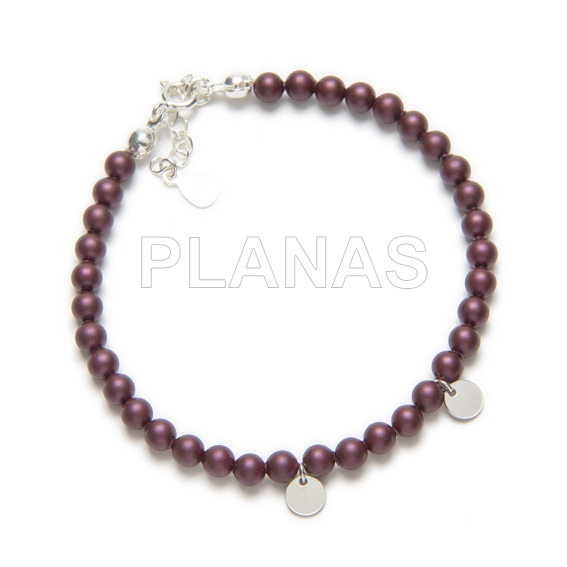 Pulsera en Plata de ley y Perlas de Cristal Austríaco de alta calidad.Color  Eldelberry Pearl.