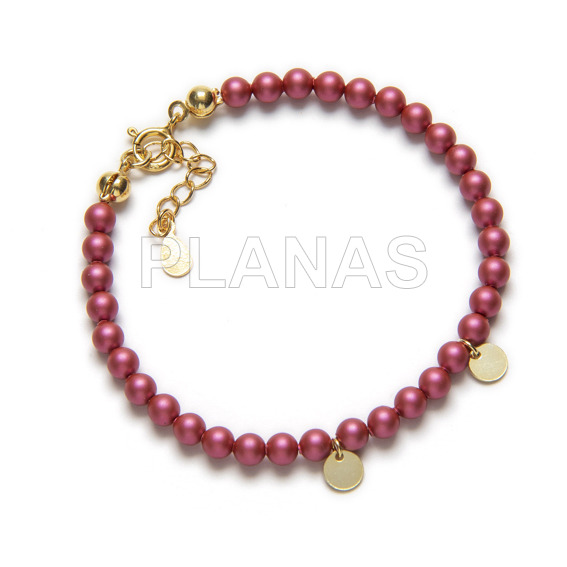 Pulsera en Plata de ley y Perlas de Cristal Austríaco de alta calidad.Color Mulberry Pink Pearl.
