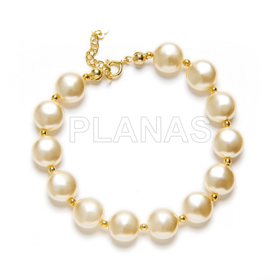 Pulsera en Plata de ley y Baño Oro con Perlas de Cristal Austríaco de alta calidad de 10mm.