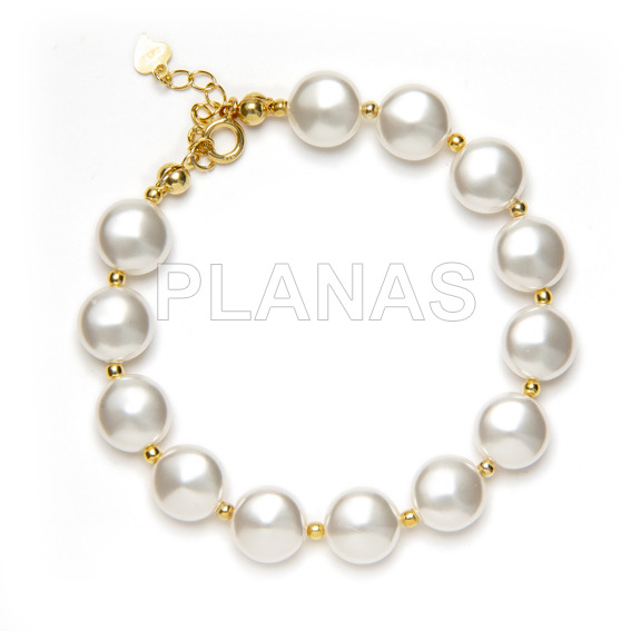 Pulsera en Plata de ley y Baño Oro con Perlas de Cristal Austríaco de alta calidad de 10mm.