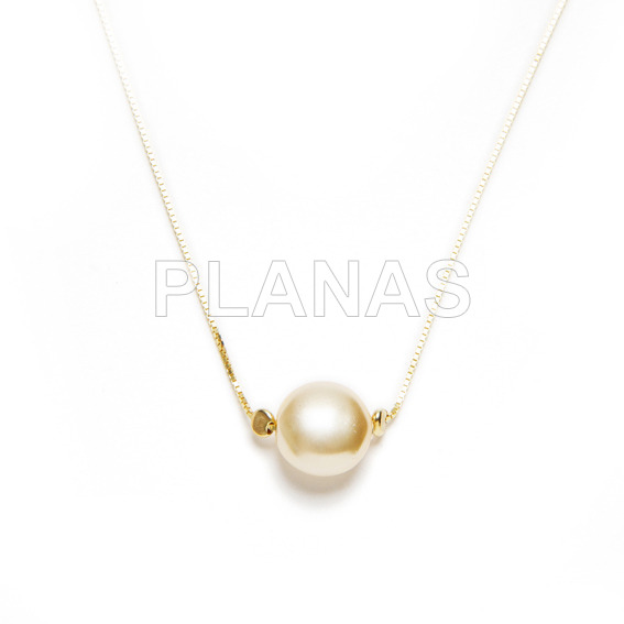 Collar en Plata de ley y Baño Oro con Perla de Cristal Austríaco de alta calidad de 10mm.