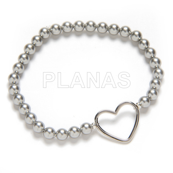 Pulsera Elastica con Perlas Cristal Austríaco de alta calidad de 5mm y plata de ley.CORAZÓN.