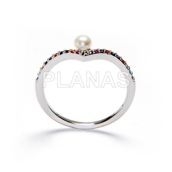 Alianza en Plata de Ley Rodiada y Circonitas de Colores con Perla Cultivada de 4mm.