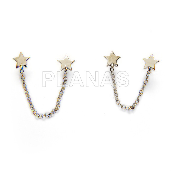 Pendientes en Plata de Ley Rodiada con cadena.2 ESTRELLAS DE 6mm.