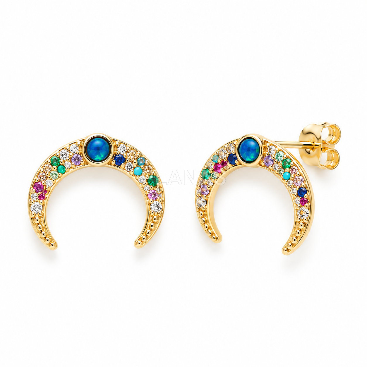 Pendientes en Plata de ley y baño oro con Circonitas de colores y Opalo. LUNA.