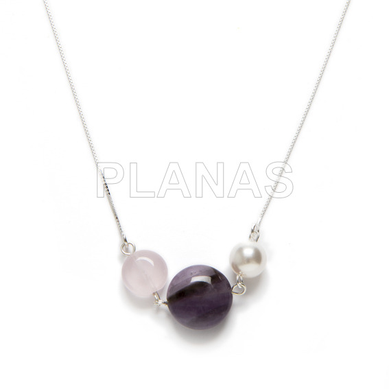 Collar en Plata de Ley con perla de Cristal Austríaco de alta calidad de 8mm con Quarzo Rosa y Amatista.