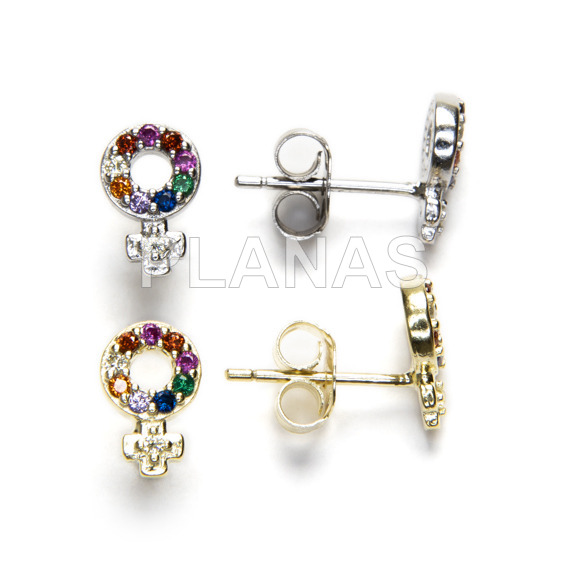 Pendientes en Plata de ley Rodiada y Circonitas de Colores.SIMBOLO MUJER.