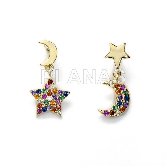 Pendientes en Plata de ley y Baño Oro con Circonitas de Colores.LUNA Y ESTRELLA.