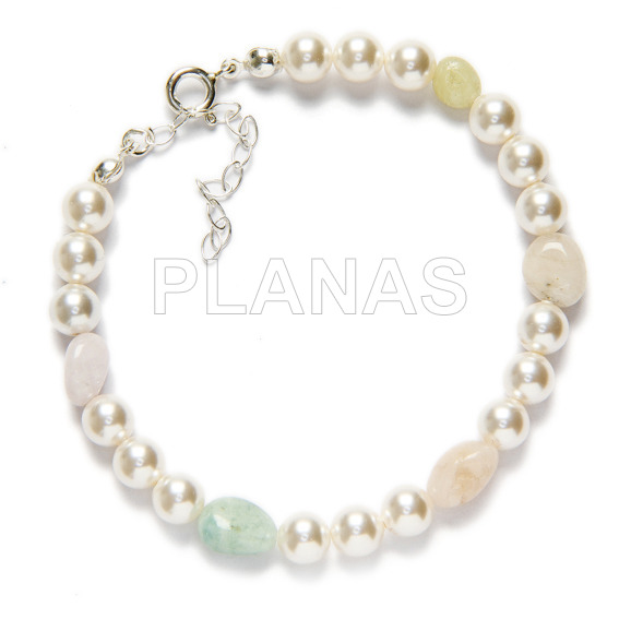 Conjunto de Pulsera y Collar en Plata de Ley con perla de Cristal Austríaco de alta calidad de 6mm y Minerales.