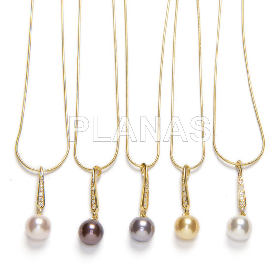 Conjunto en Plata de Ley y Baño Oro con Perlas Componentes Cristal Austríaco de alta calidad de 8mm.Gold Pearl.
