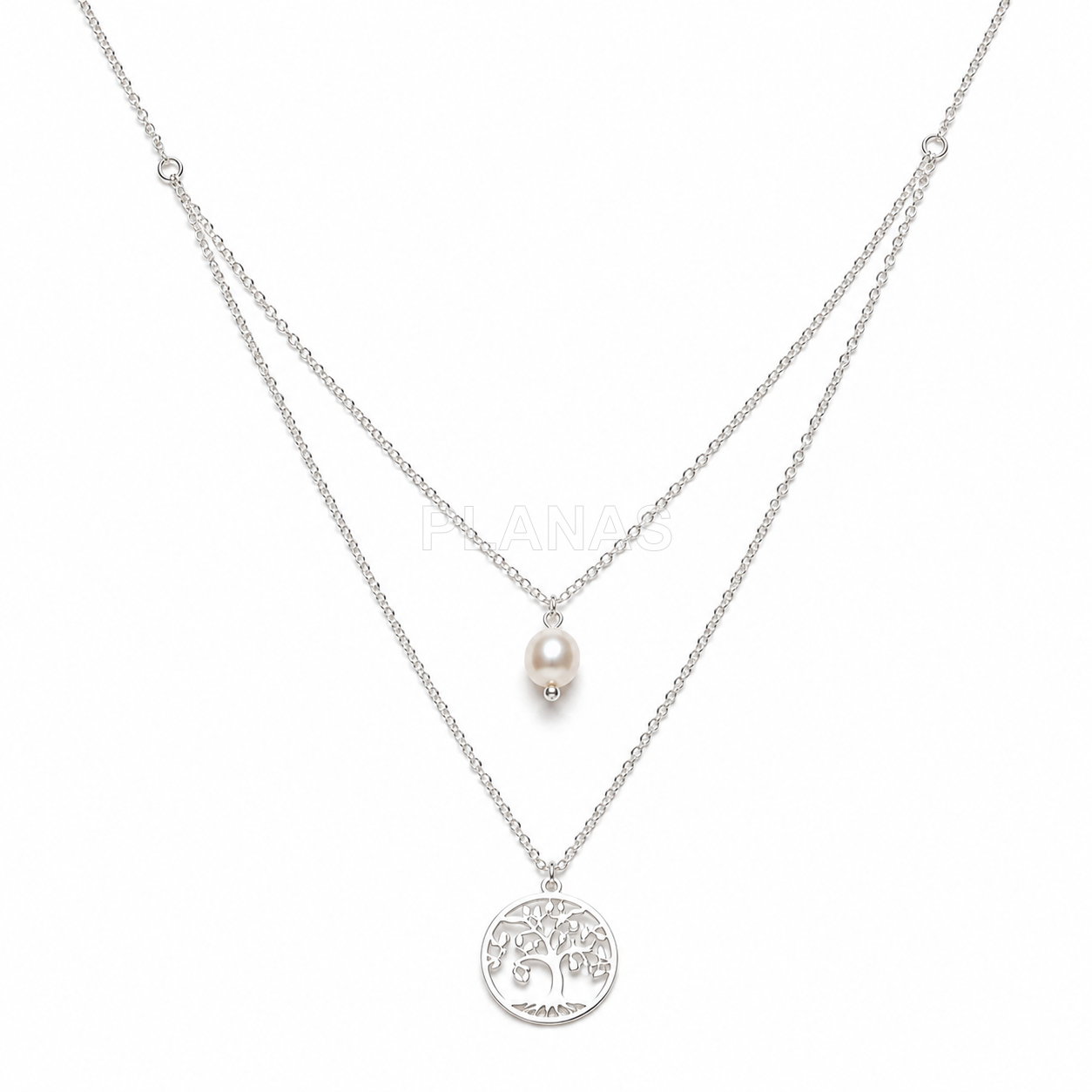 Corrente escarlate dupla, duas medidas em prata de lei com sw pearl e tree of life.