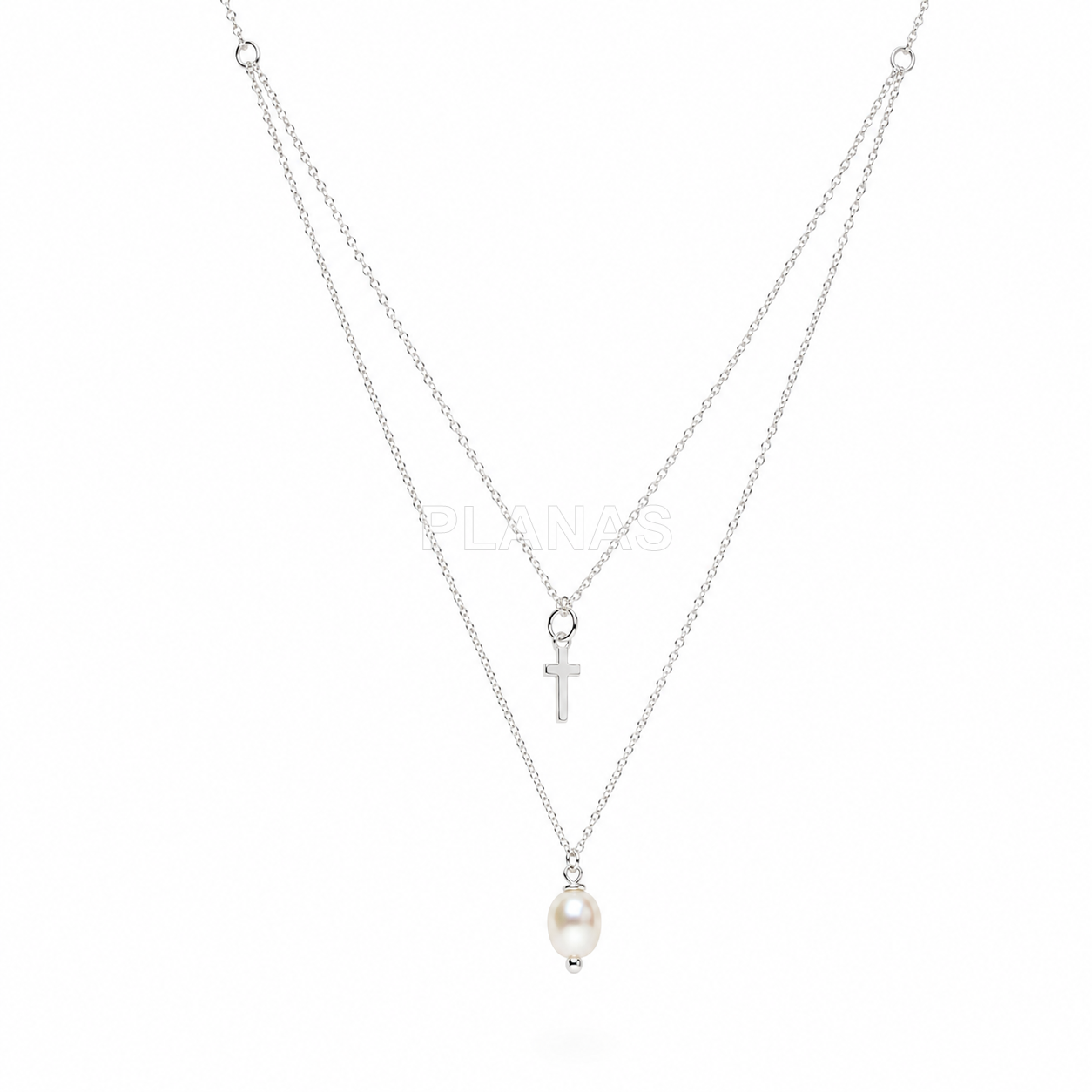 Corrente dupla, duas medidas em prata de lei. pÉrolas e cruz swarovski.