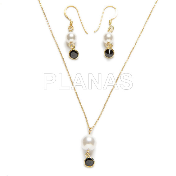 Conjunto de Collar y Pendientes en Plata de Ley y Baño Oro con Componente Cristal Austríaco de alta calidad.Color Negro.