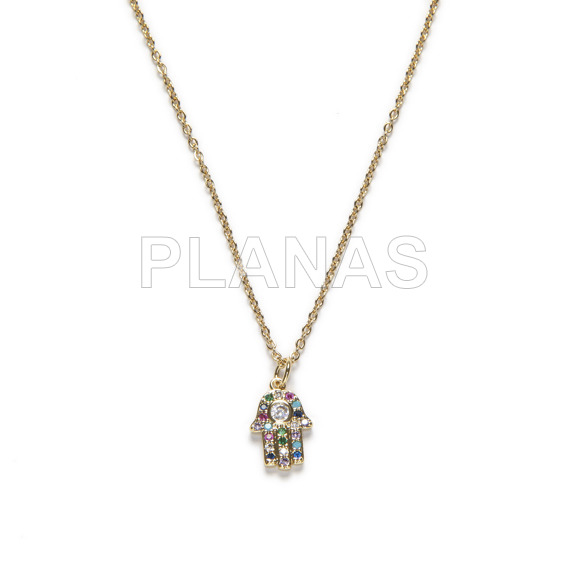 Colgante en Acero Inoxidable y Baño Oro con Circonitas. MANO DE FATIMA. 