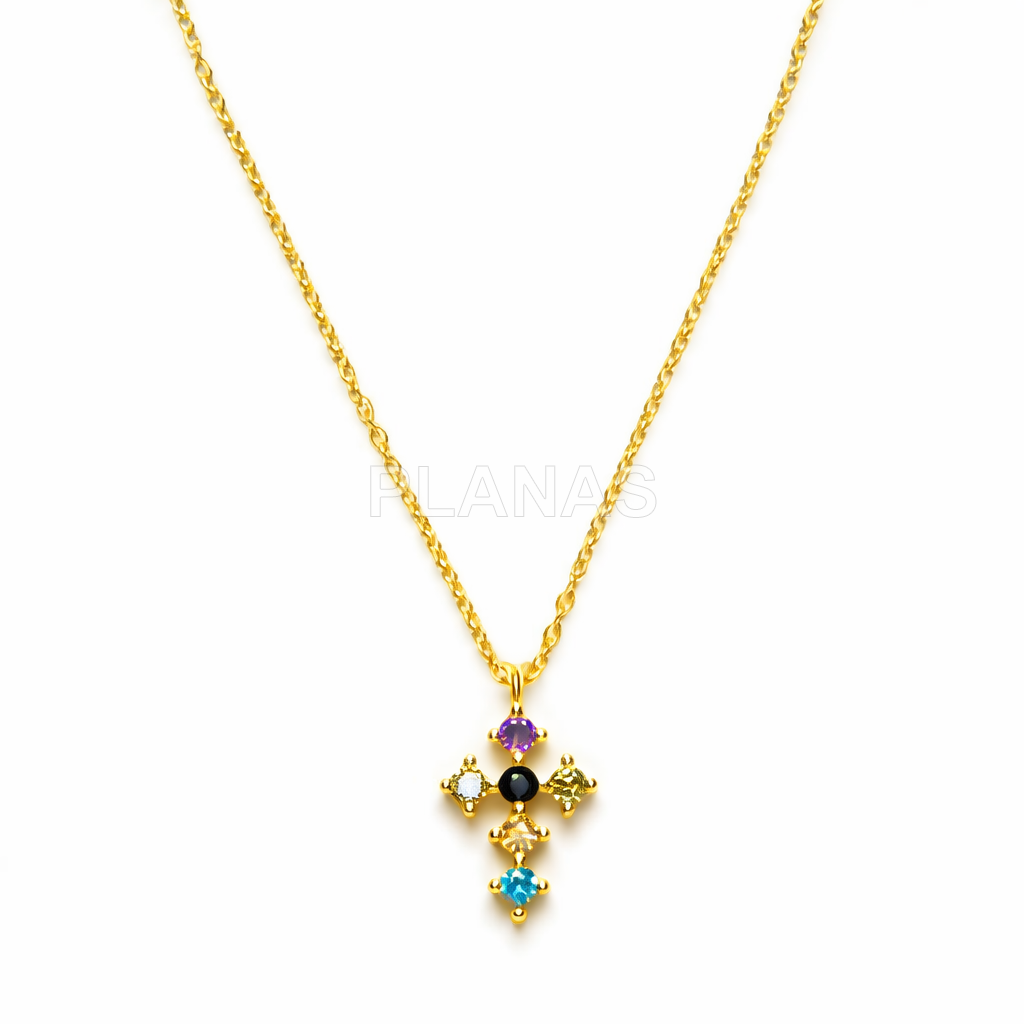 Pendente em prata ródio e zircões coloridos.