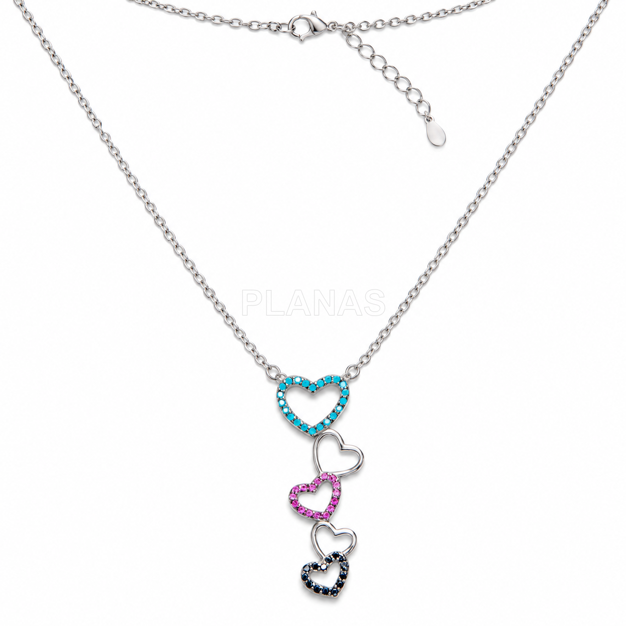 Collar en Plata de ley y Circonitas de colores. CORAZONES.