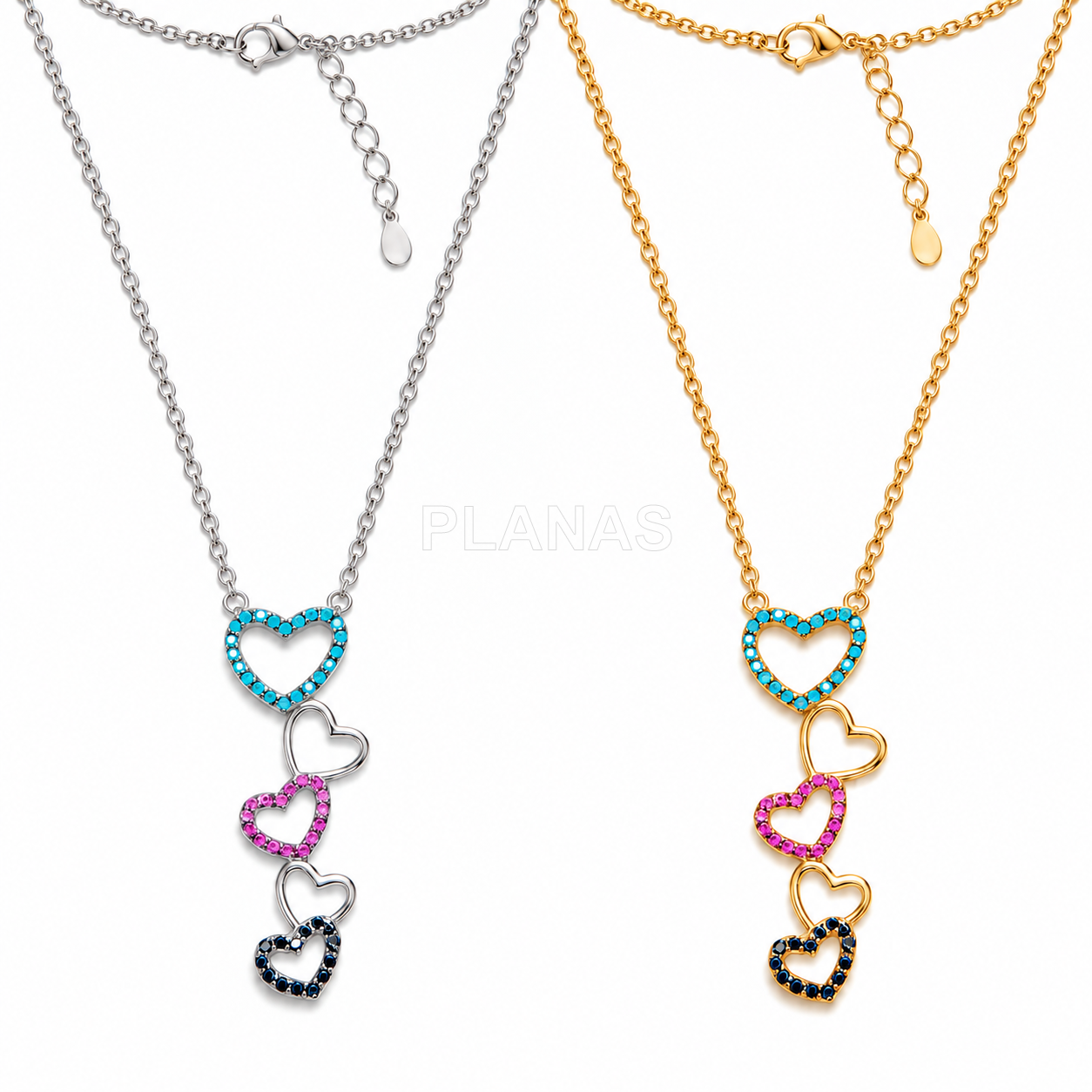 Collar en Plata de ley y Circonitas de colores. CORAZONES.