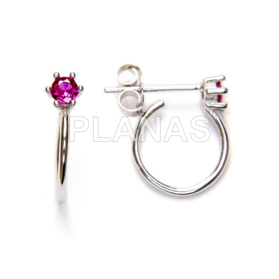 Aros en Plata de Ley Rodiada y Circonitas Fucsia.15x11mm.