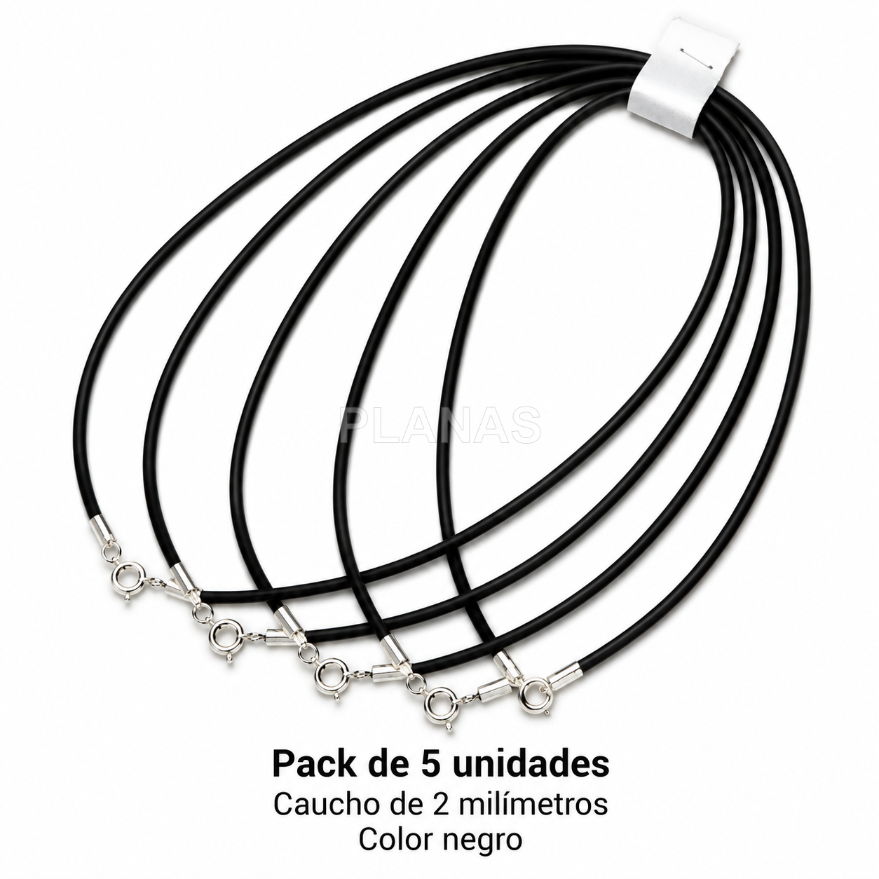 Packs de 5 unidades gargantillas de caucho 2mm y plata de ley. Color Negro. Diferentes medidas.