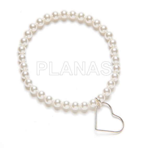 Pulsera Elastica con Perlas Cristal Austríaco de 5mm y Corazón en plata de ley. 