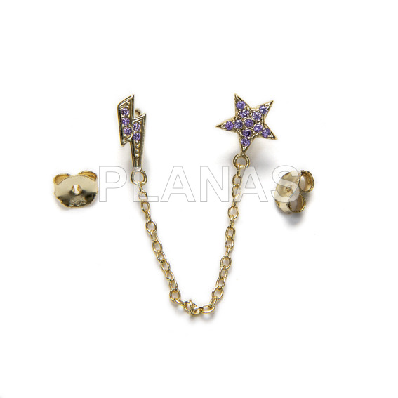 Sterling silver and gold plated earrings with lilac zircons and chain.