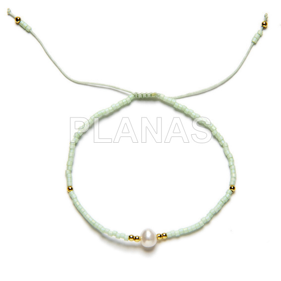 Pulsera con Nylón ajustable, cuentas Japonesas y Perla Cultivada.