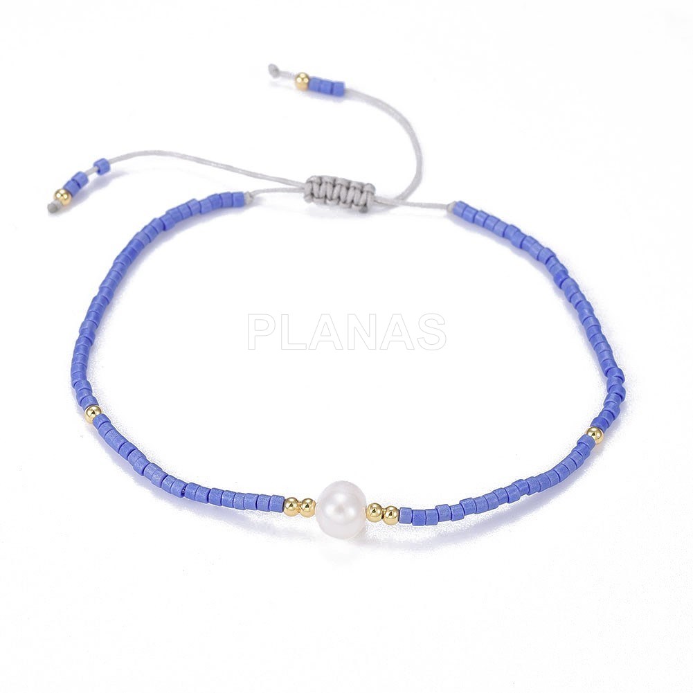 Pulsera con Nylón ajustable, cuentas Japonesas y Perla Cultivada.