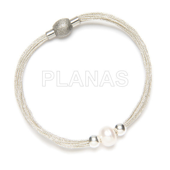 Pulsera 10 hilos Metalizados con cierre de Acero Inoxidable, bolas de plata y perla cultivada.