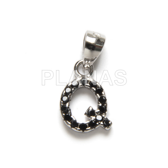 Initials pendant in rhodium sterling silver and black zircons.