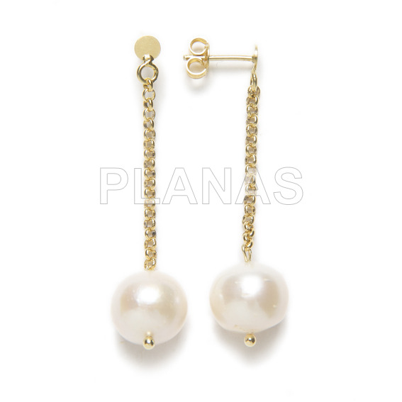 Conjunto en Plata de ley y Baño Oro de 3 piezas, Collar, Pulsera y Pendientes con perlas cultivadas.  