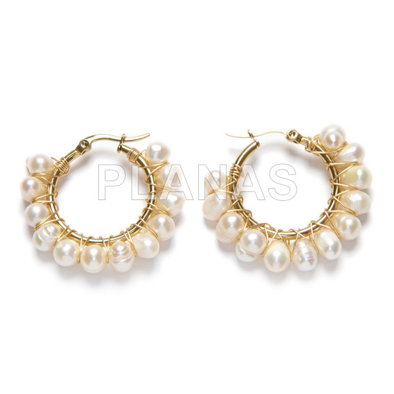 Aros en Acero Inoxidable 304 y Baño Oro con perlas Cultivadas.