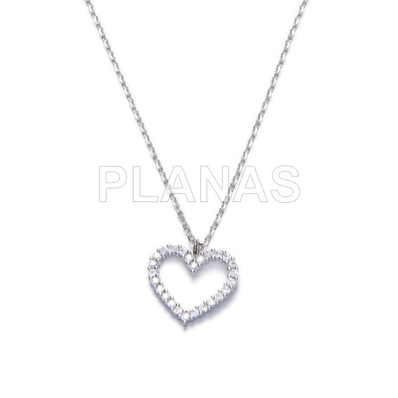 Necklace in rhodium sterling silver and white zircons. heart.