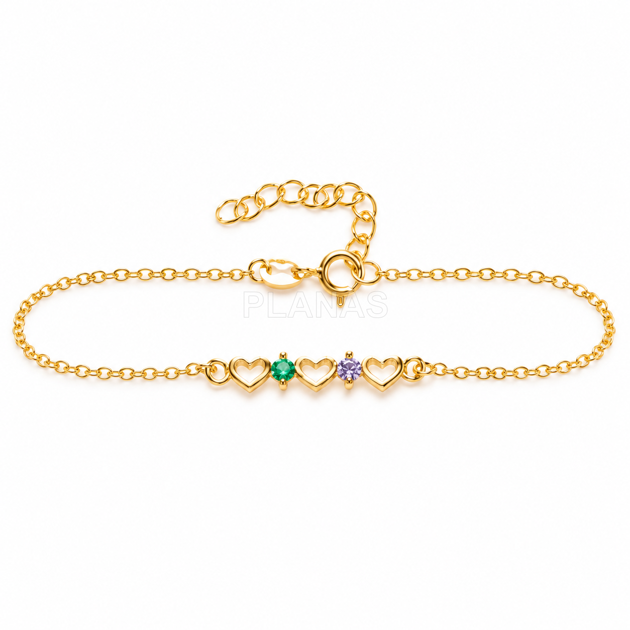Pulsera en Plata de ley y baño oro Circonitas de Colores.CORAZONES.