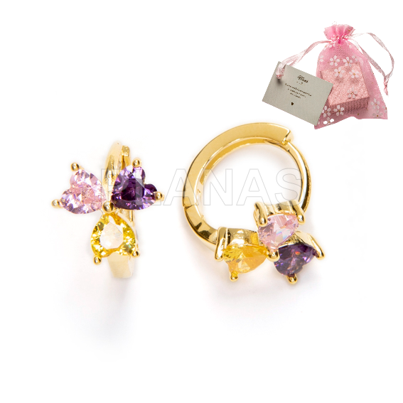Aros en Plata de ley y Baño Oro con Circonitas de Colores.CORAZONES.