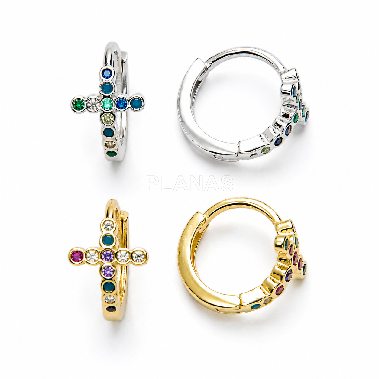 Aros en Plata de ley Rodiada y Circonitas de Colores. CRUZ.