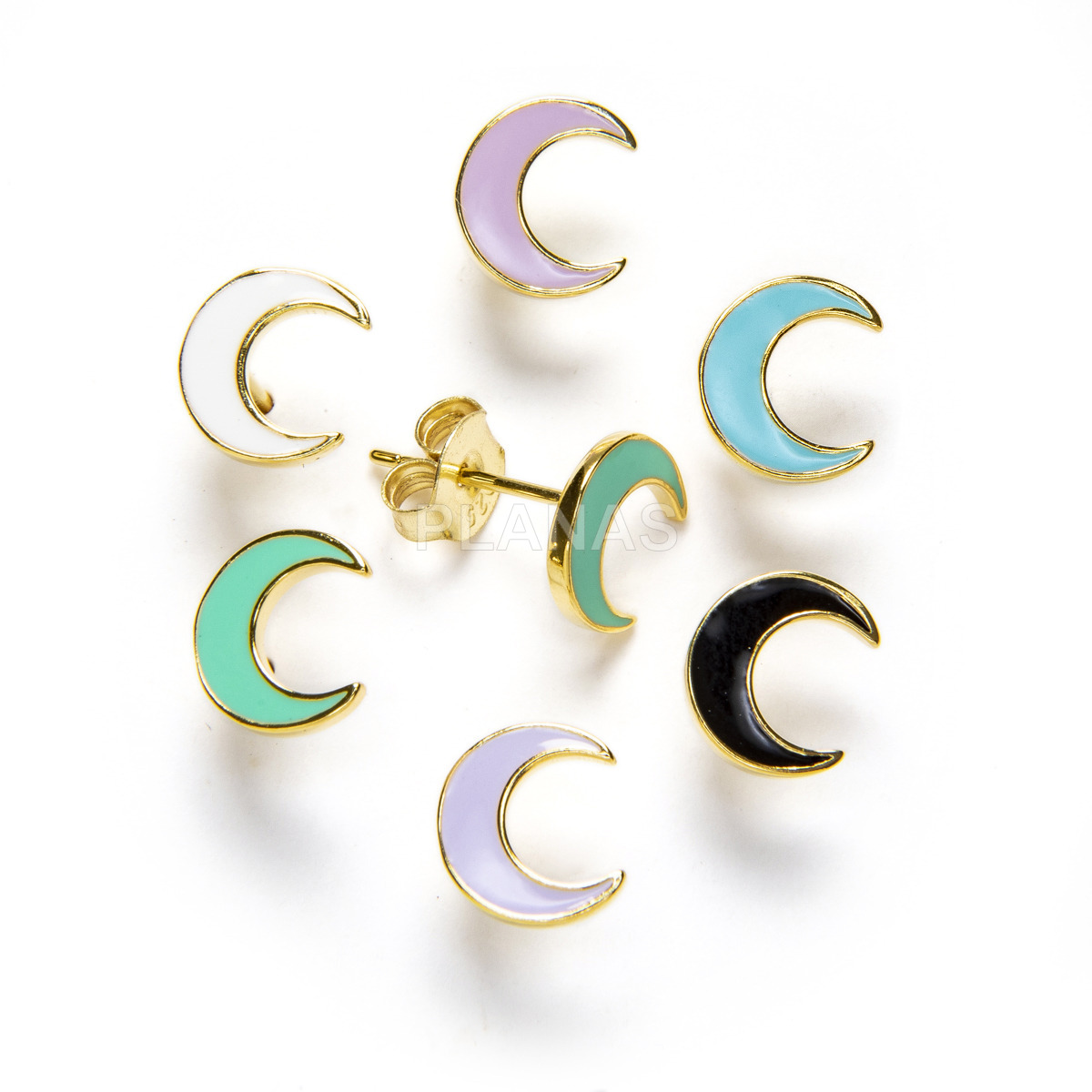 Sterling silver and gold plated earrings with enamel. moon.