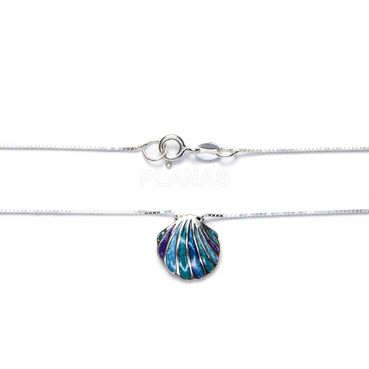 Necklace in rhodium plated sterling silver with turquoise enamel. shell.