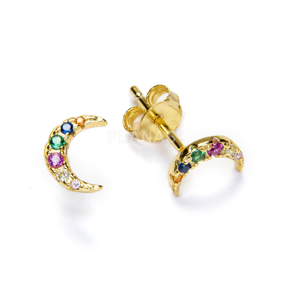 Gold plated sterling silver earrings with colored zircons. moon.