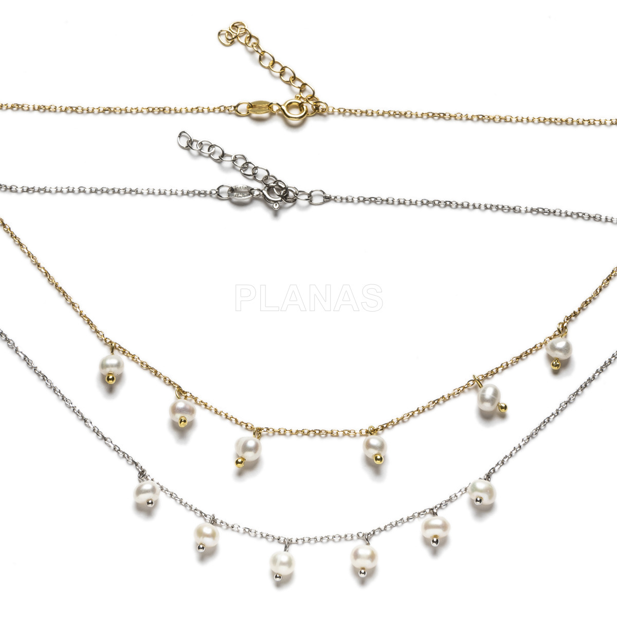 Rhodium plated sterling silver necklace with cultured pearls.
