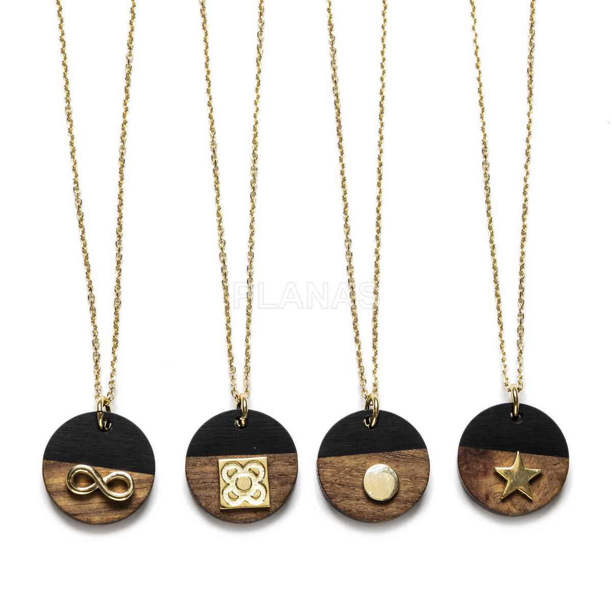 Necklace in sterling silver and gold plated with a wood and resin motif.