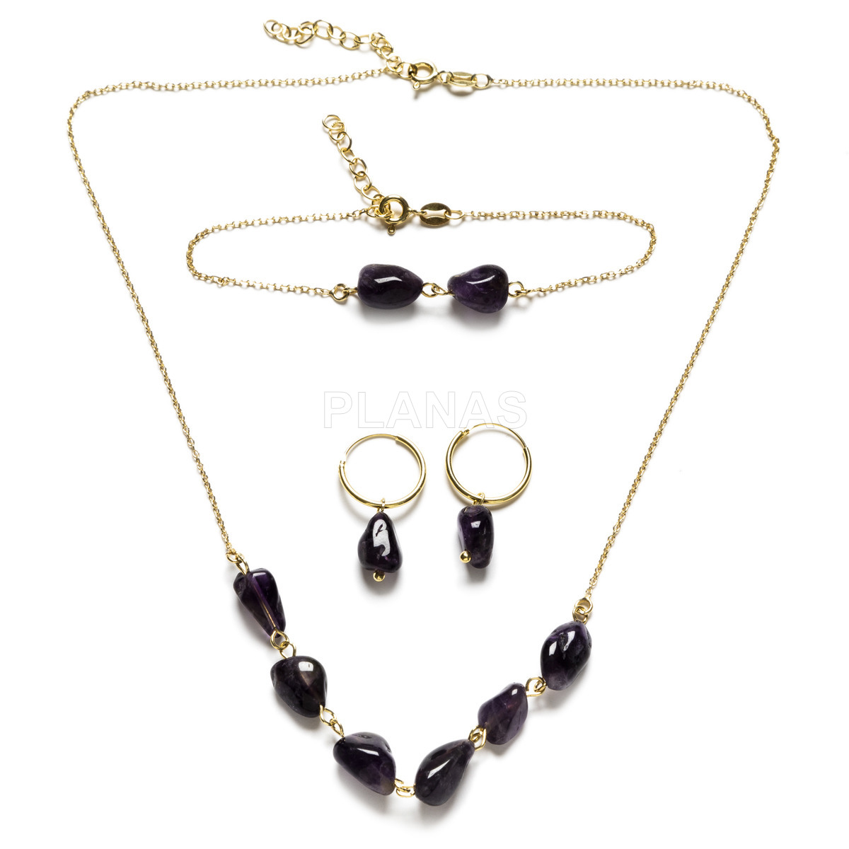 Set of necklace, bracelet and earrings in sterling silver and gold plated with amethyst.