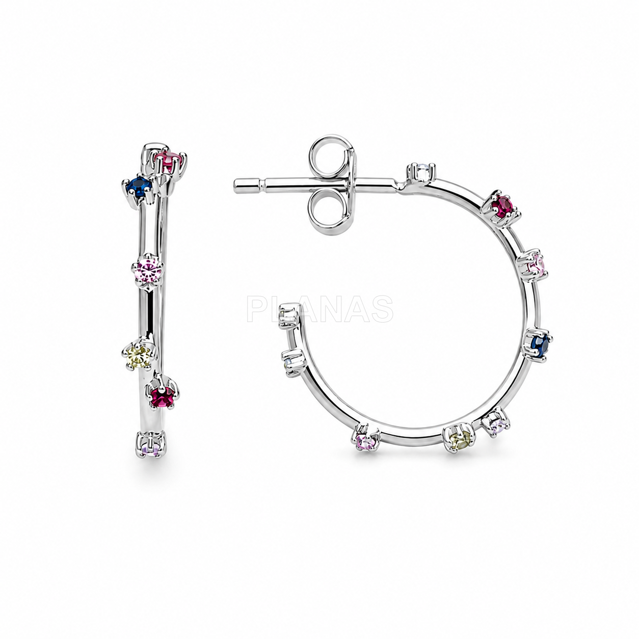 Aros en Plata de ley Rodiada y Circonitas de colores. 