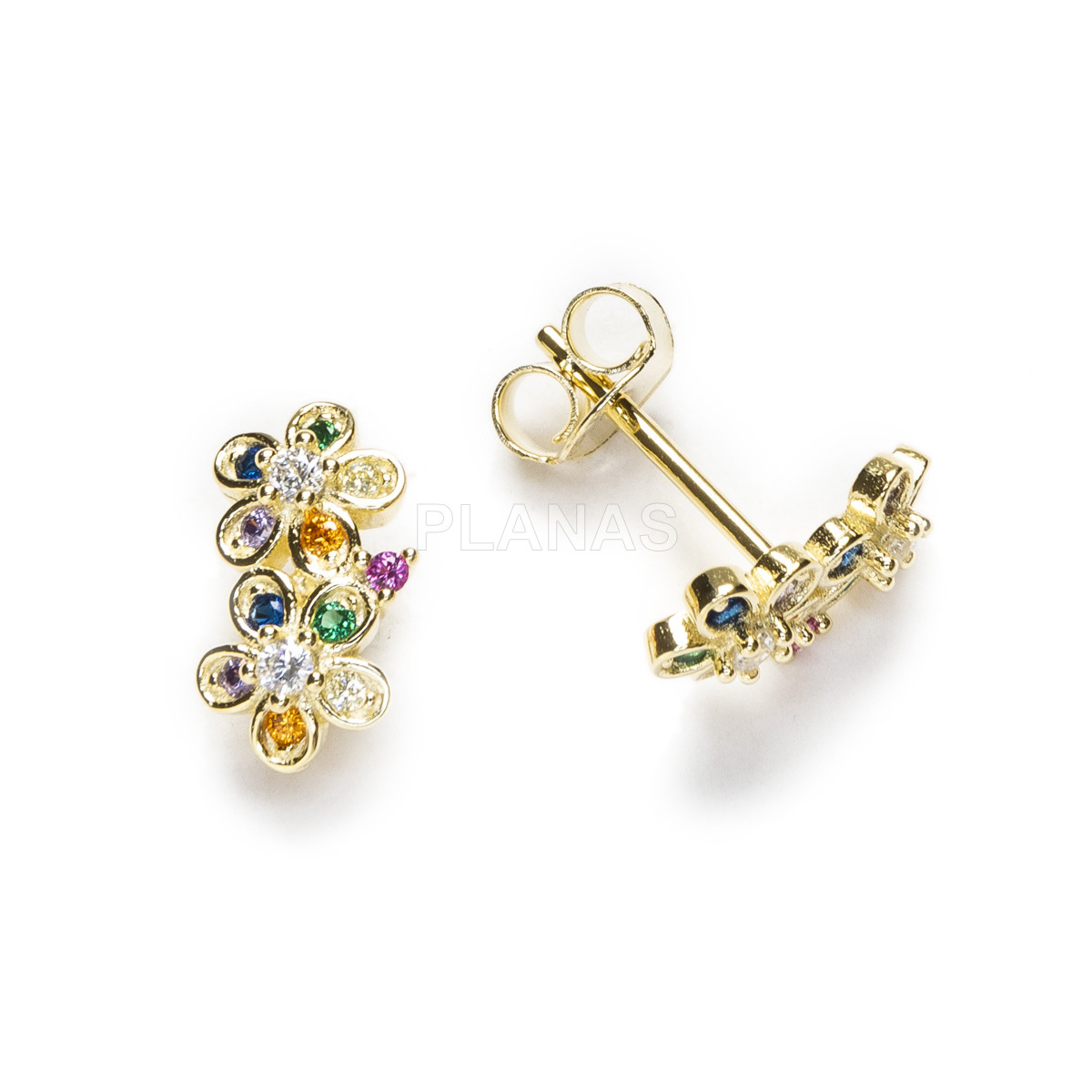 Pendientes en Plata de ley y Baño Oro con Circonitas de colores.FLOR. 