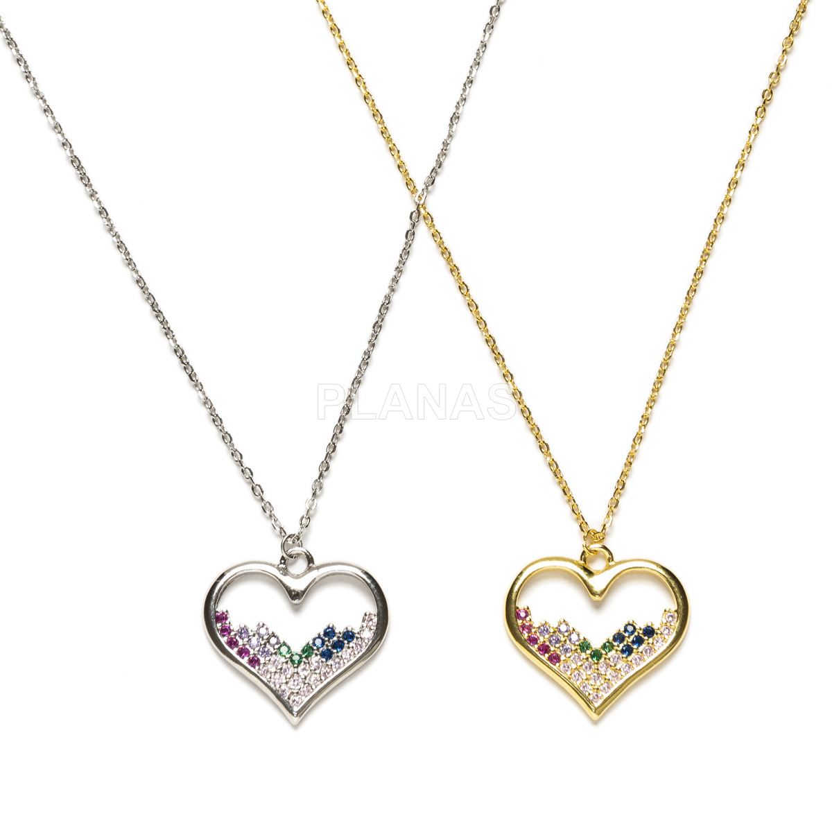 Necklace in sterling silver and zircons of colors. heart.