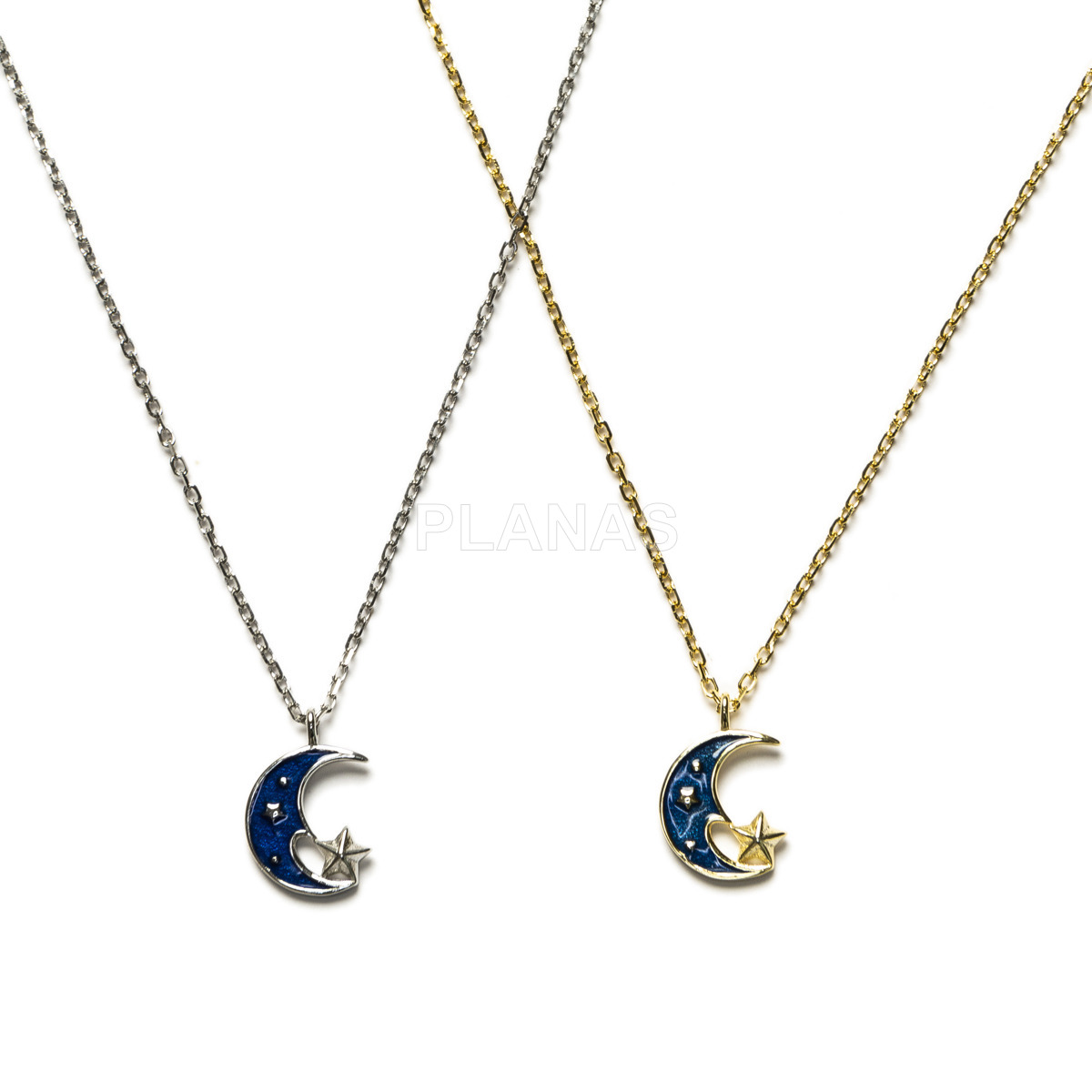 Sterling silver necklace with blue enamel. moon.