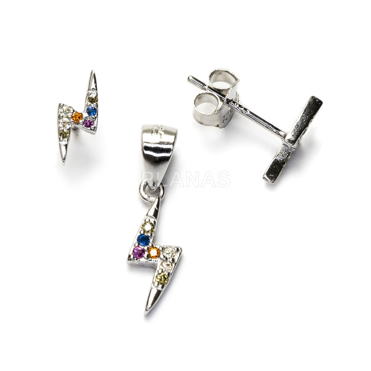 Set in rhodium-plated sterling silver and colored zircons.lightning.